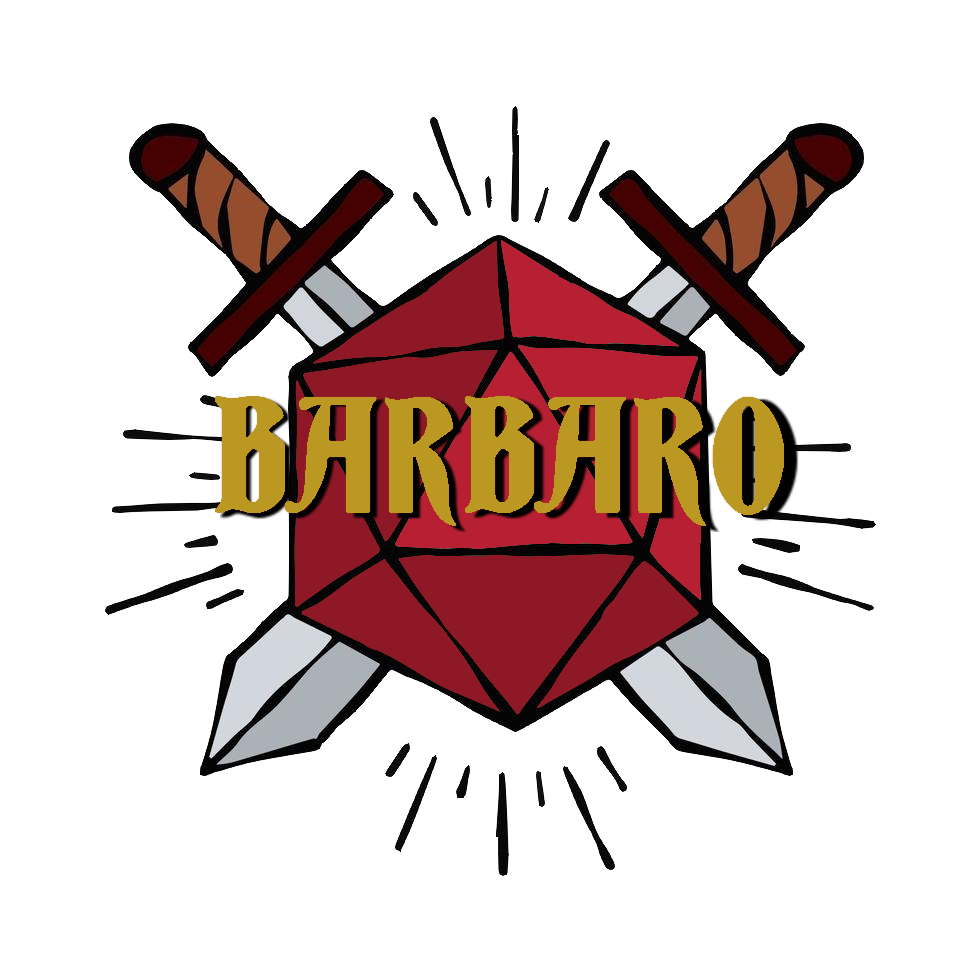 Se ve como titulo barbaro con un fondo de un dado rojo de 20 caras